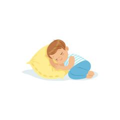 Cute little boy sleeping on a pillow cartoon character, adorable sleeping child vector illustration
