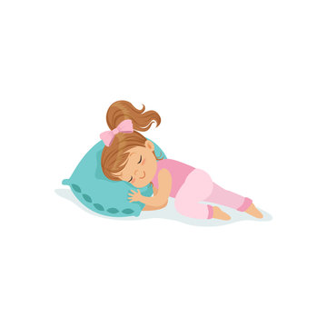Adorable little girl sleeping on her bed cartoon character vector illustration