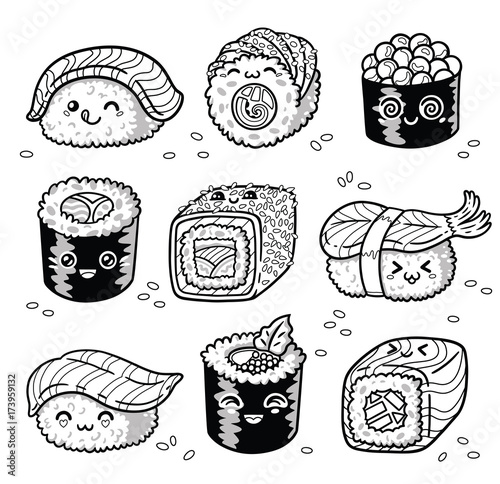 Download "Kawaii rolls and sushi manga cartoon set in outline" Stock image and royalty-free vector files ...