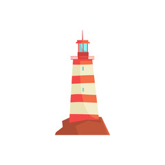 Red lighthouse, searchlight tower for maritime navigation guidance vector Illustration