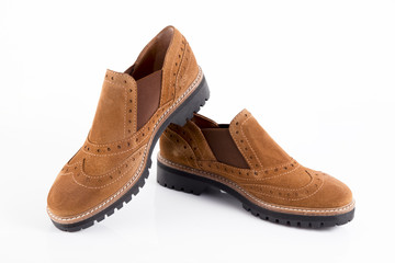 Female Brown Leather Shoe on White Background, Isolated Product.