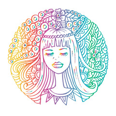 Floral decorative element with cute girl.