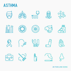 Asthma thin line icons: air pollution, smoking, respirator, therapist, inhaler, bronchi, allergy symptoms and allergens. Vector illustration.
