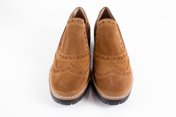 Female Brown Leather Shoe on White Background, Isolated Product.