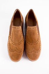 Female Brown Leather Shoe on White Background, Isolated Product.