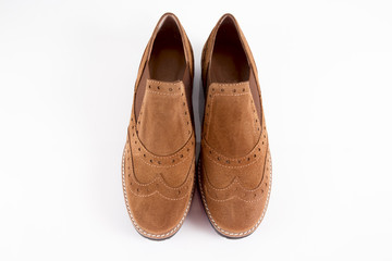 Female Brown Leather Shoe on White Background, Isolated Product.