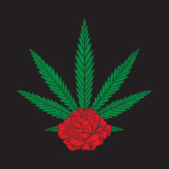 Embroidery with red roses and cannabis leaves.