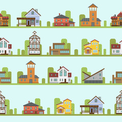 Different city town buildings street view architecture seamless pattern house home facade vector illustration