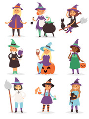 Cute little Halloween Witch girl harridan broom cartoon magic young character costume hat vector illustration.