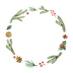Watercolor Christmas frame with fir branches and place for text.