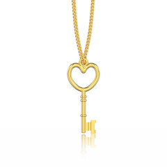 3D illustration isolated yellow gold decorative key in the form of a heart necklace on chain with reflection