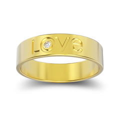 3D illustration isolated yellow gold engagement ring with diamond and love word with shadow