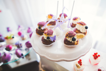 Different kinds of baked sweets on a buffet