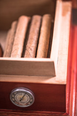 Wooden Cedr humidor, cigar storage - obrazy, fototapety, plakaty