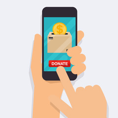 Hand holding mobile smart phone with donation money. Concept for charity online service.  Flat vector illustration.