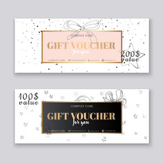Gift voucher template with gold background. Background design coupon, voucher, certificate, invitation, currency. Vector illustration. - obrazy, fototapety, plakaty