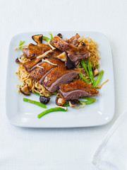 Fried duck breast with noodles and mushrooms