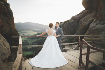 Kissing wedding couple staying over beautiful landscape