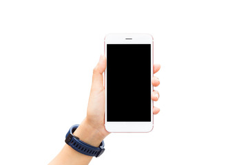 Hand holding mobile smart phone black screen isolated on white background