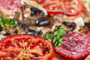 Closeup of pizza with salami, tomatoes and olives
