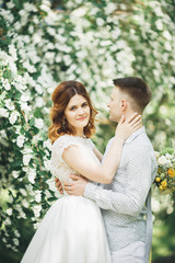 Romantic, fairytale, happy newlywed couple hugging and kissing in a park, trees in background