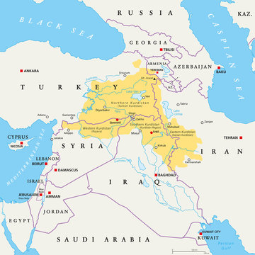 Kurdistan region political map. Kurdish inhabited areas in the middle east. Northern, Western, Eastern and Southern Kurdistan in Turkey, Syria, Iraq and Iran. English labeling. Illustration. Vector.