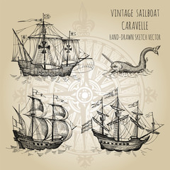 Old caravel, vintage sailboat. Hand drawn vector sketch.