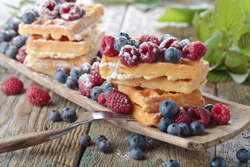 Waffles with raspberry and blueberry