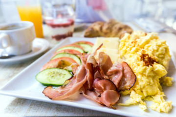 Breakfast with ham and egg