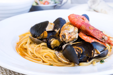 Spaghetti with Shrimp and Mussels on a the table