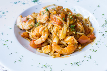Pasta with Shrimp Dinner Dish on a the table