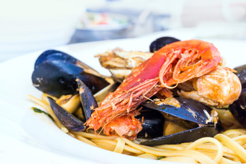 Spaghetti with Shrimp and Mussels on a the table