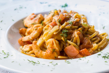 Pasta with Shrimp Dinner Dish on a the table