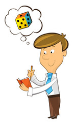 office cartoon clerk standing thinking and having idea - gathering pieces together - illustration for children