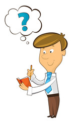 office cartoon clerk standing thinking and writing in notebook - illustration for children