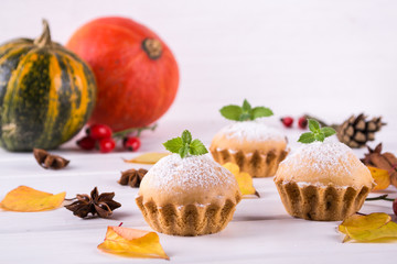 Homemade baking in autumn style. Delicious cupcakes  with cinnamon sticks, anise stars, pumpkins and berries of rosehip. On white background.