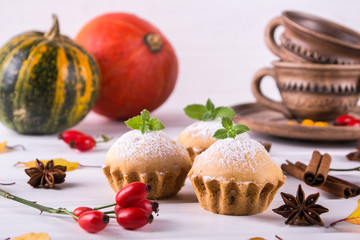 Homemade baking in autumn style. Delicious cupcakes  with cinnamon sticks, anise stars, pumpkins and berries of rosehip. On white background.