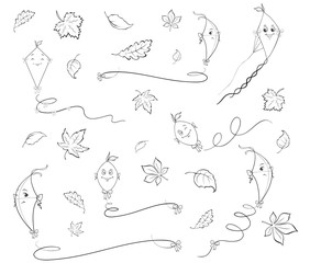 Fototapeta premium Collection of paper kites and autumn leaves coloring page 