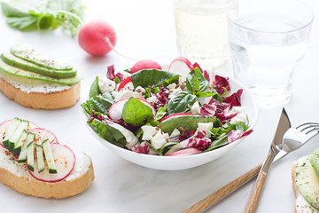 Green salad with lettuce, spinach, radish and radicchio in a bowl. Close up
