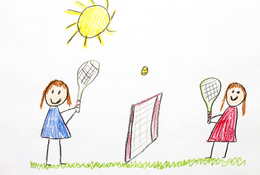 Kids drawing of playing tennis