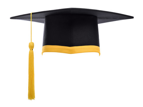 Graduation cap with gold tassel isolated on white background.