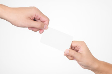 Business man handing over a blank white business card to a woman ready for your contact information