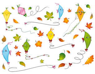 Collection of colorful paper kites and autumn leaves