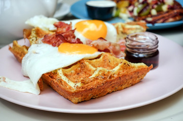delicious pancake stack with egg