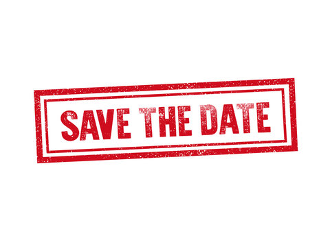 SAVE THE DATE red stamp seal text message on white background