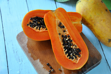 Fresh Papaya on Cutting Board