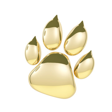 Golden paw print icon isolated on white background. Dog paw footprint 3d rendering.