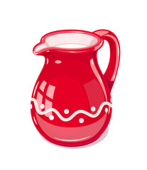 Red Ceramic jug with milk. Fictile tableware. Capacity