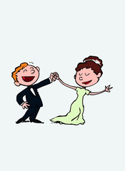 Couple of newlyweds dancing, happy. Vector isolated characters.