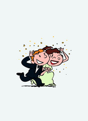 Just married under rain of rice, happy. Vector isolated characters.